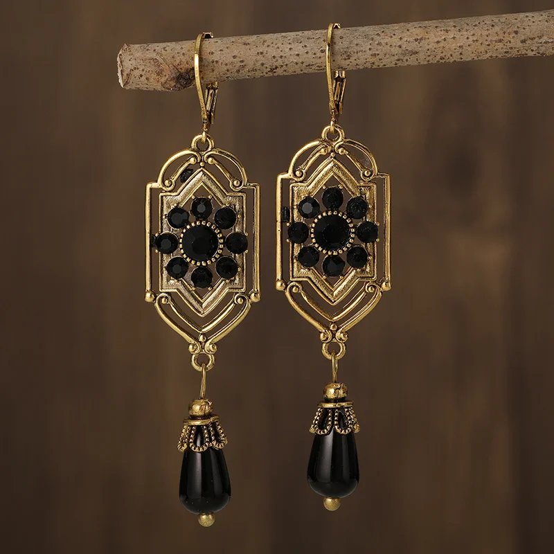Retro Black Stone Drop Earrings