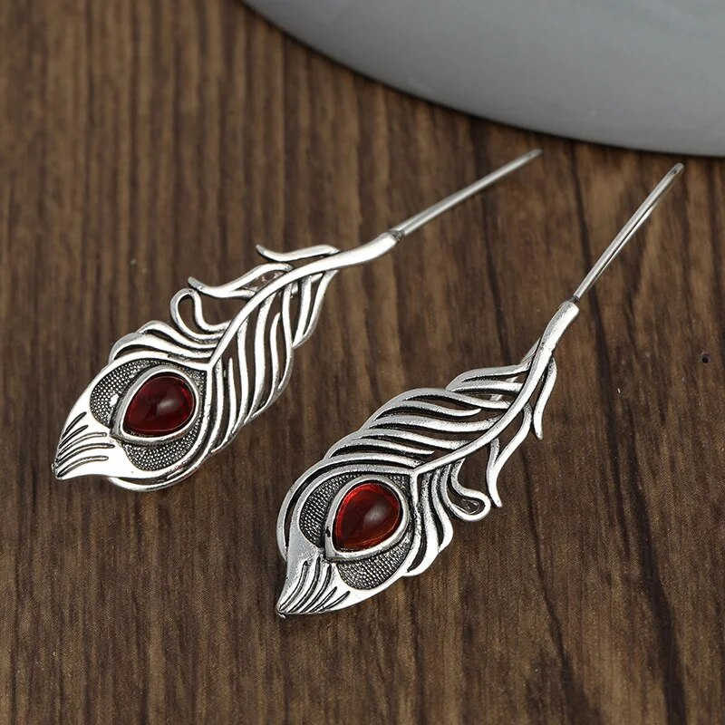 Retro Silver Leaf Earrings with Red Zirconia Accents