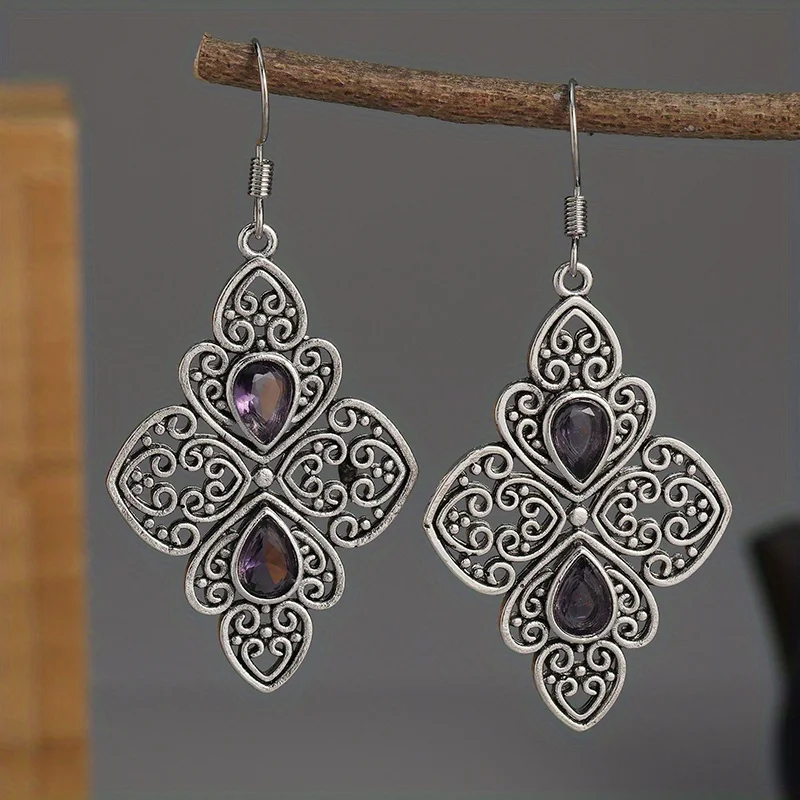 Retro Purple Crystal Mandala Earrings