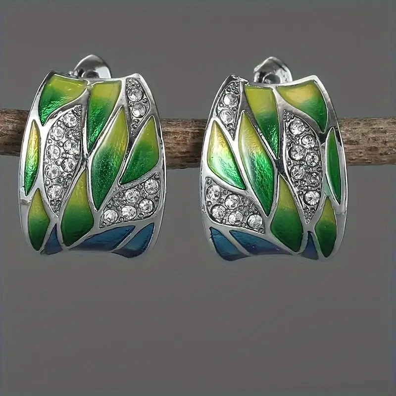Retro Green Enamel and Zirconia Earrings