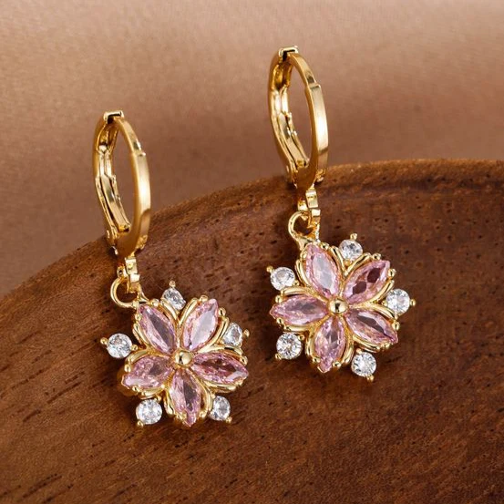 Chic Pink Zirconia Floral Earrings
