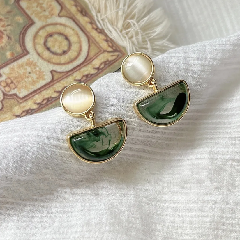 Chic Green Stone Earrings with Polish Finish