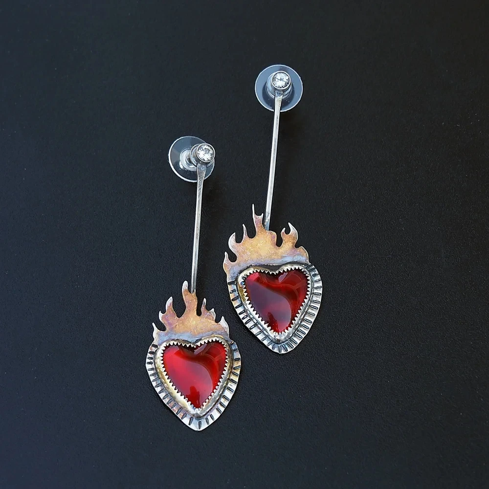 Retro Flame Heart Earrings