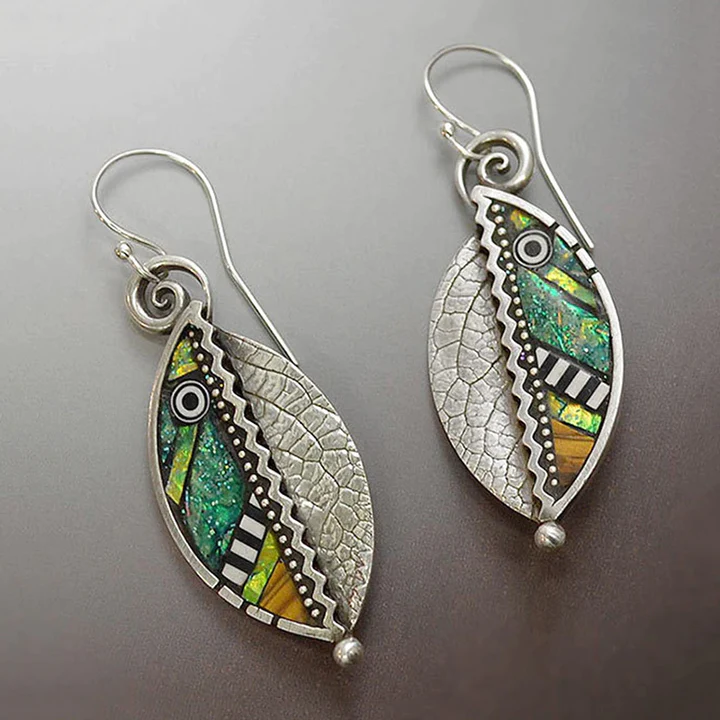 Antique Green Crystal Leaf Silver Earrings