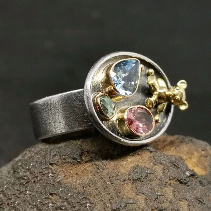 Retro Colorful Zirconia Ring with a Rounded Design