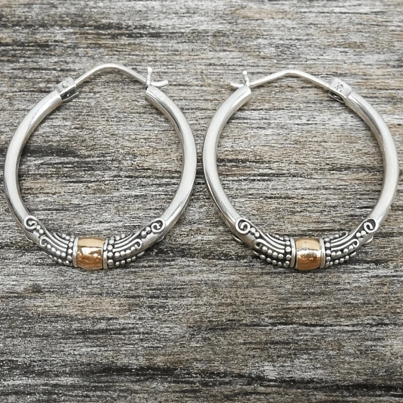 Antique-Inspired Silver Carved Pattern Hoop Earrings