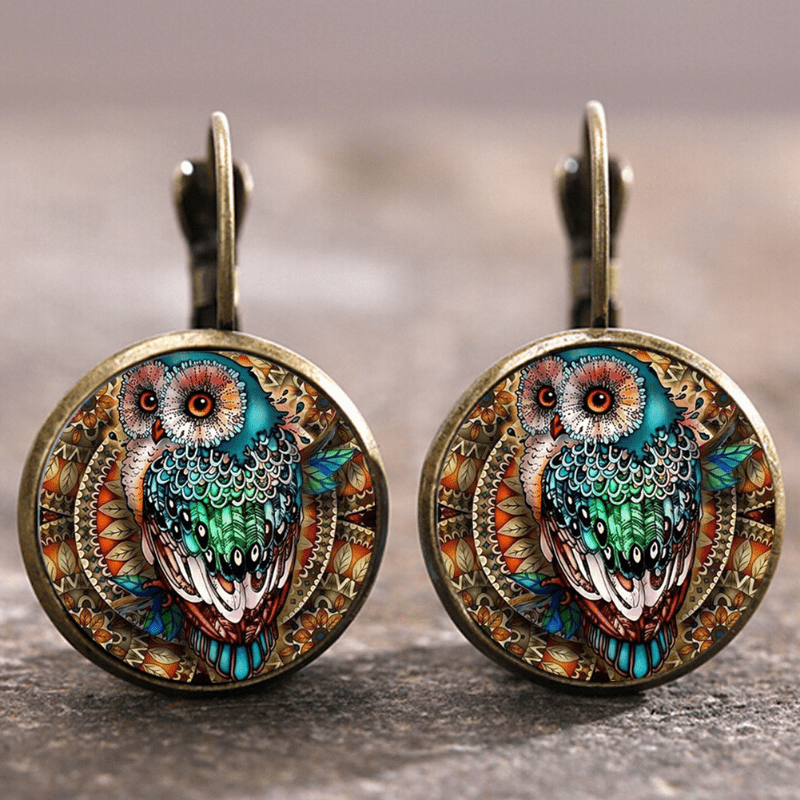 Retro Round Crystal Owl Earrings