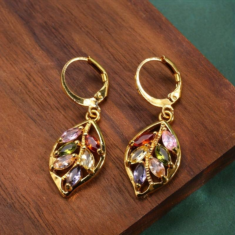 Retro Golden Leaf Colorful Zirconia Earrings