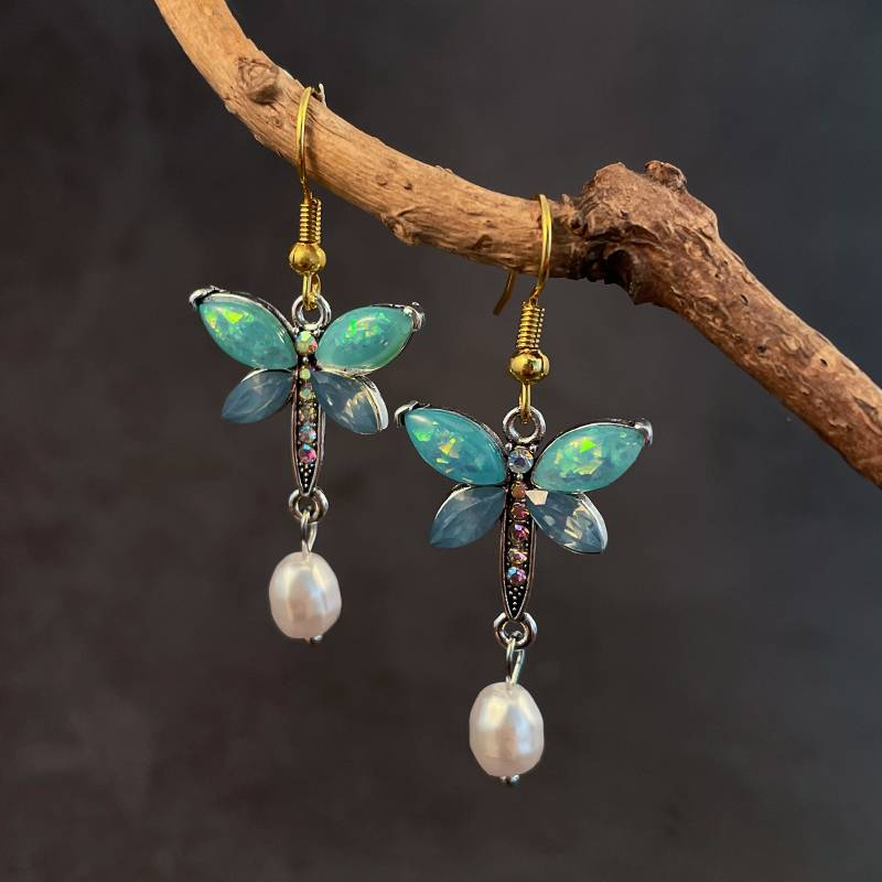 Retro Green Opal and Pearl Butterfly Earrings