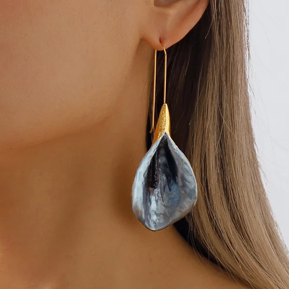 Retro Blue and Gold Lotus Earrings