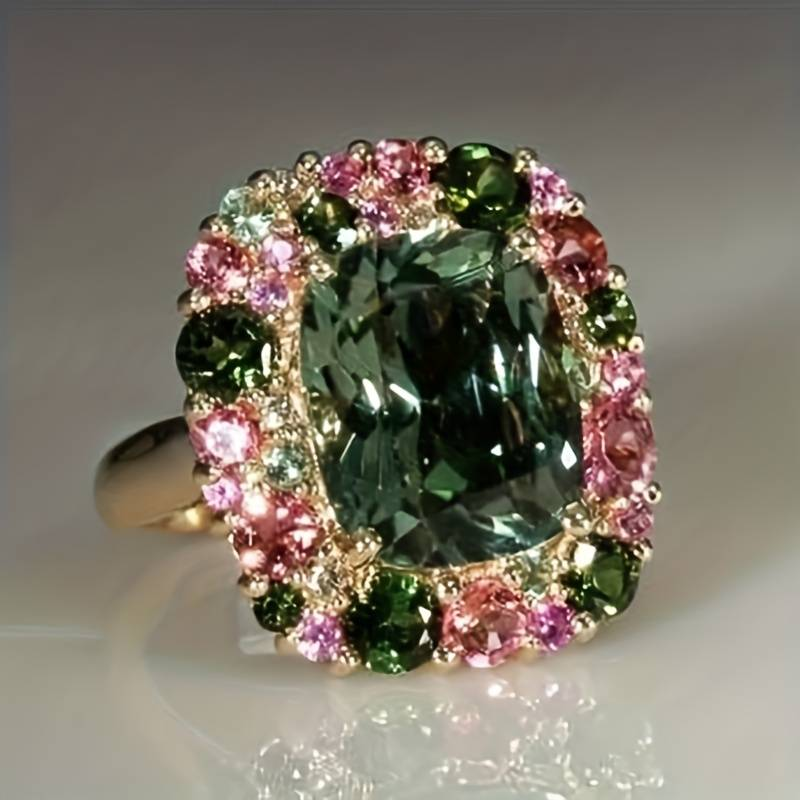 Retro Green and Pink Crystal Ring