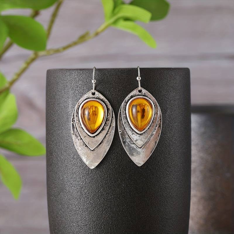 Retro Orange Crystal Silver Earrings