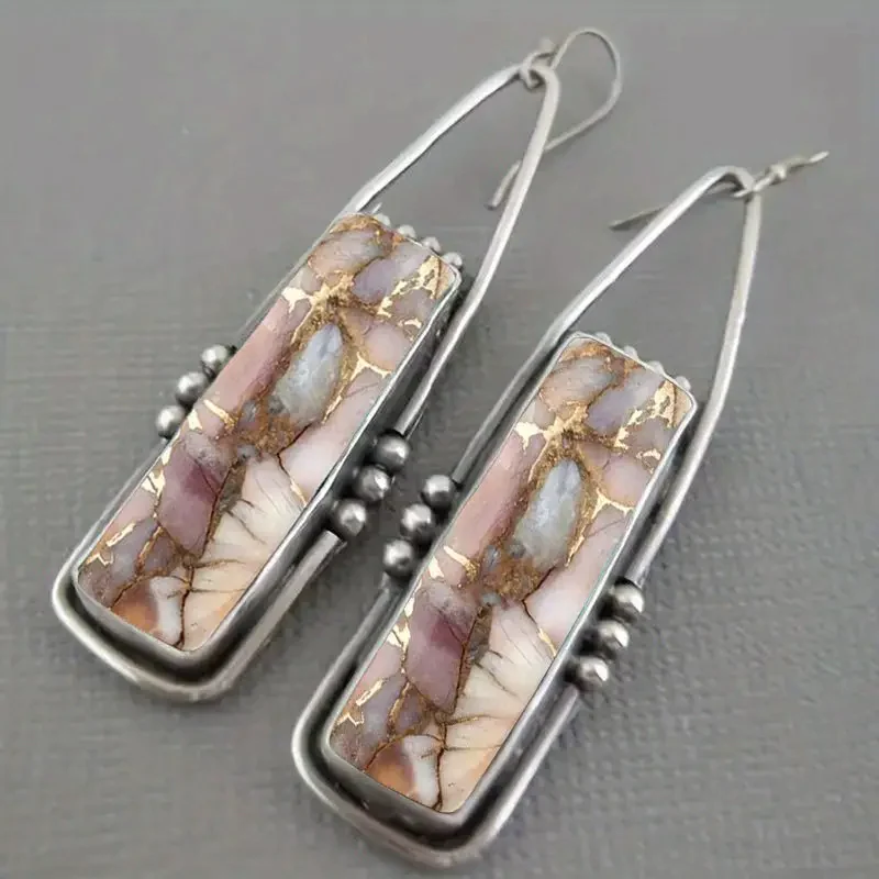 Retro Rectangular Natural Stone Earrings