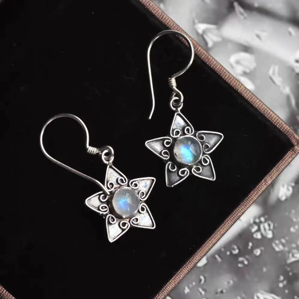 Retro Silver Earrings with Moonstone Star Design