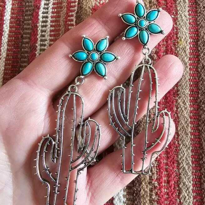 Retro Silver Hollow Cactus Earrings