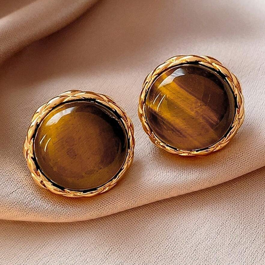 Retro Brown Stone Round Earrings