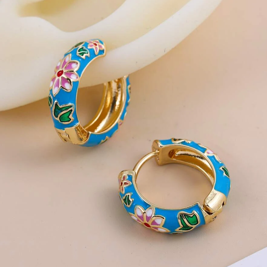 Retro Blue Floral Hoop Earrings
