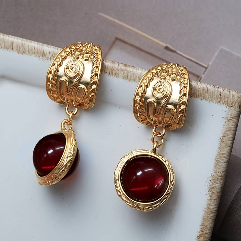Retro Golden Earrings with Red Inlaid Stone