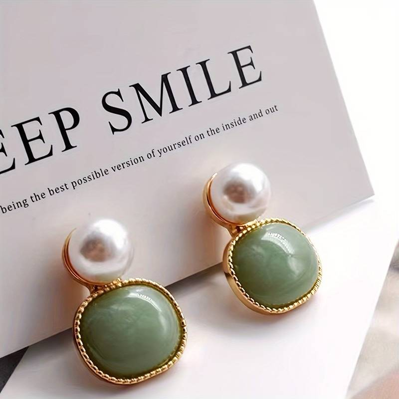 Retro Green Stone and Pearl Inlaid Earrings