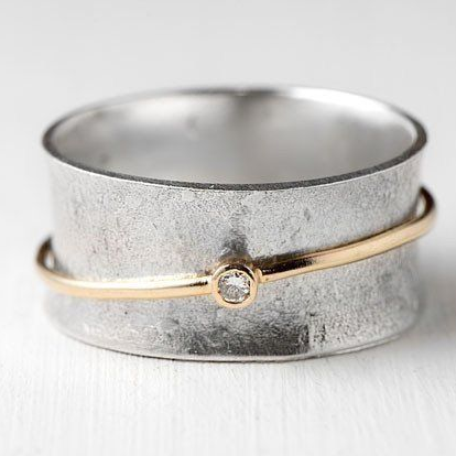 Classic Silver Ring with Vintage Golden Line and Zirconia Accents