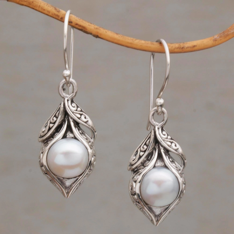 Retro Silver Earrings with Dangling Pearls