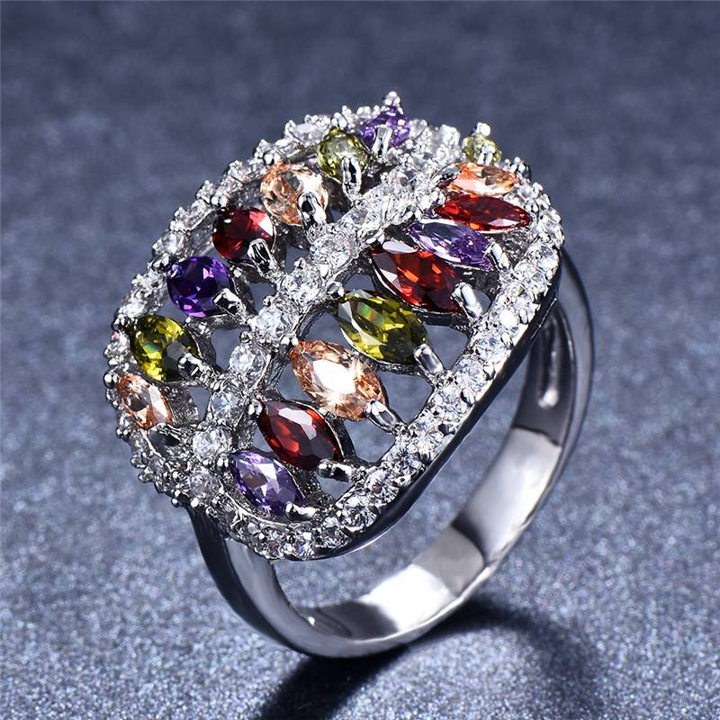 Retro Colorful Crystal Leaf Silver Ring