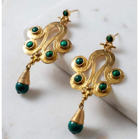 Retro Green and Gold Drop Earrings