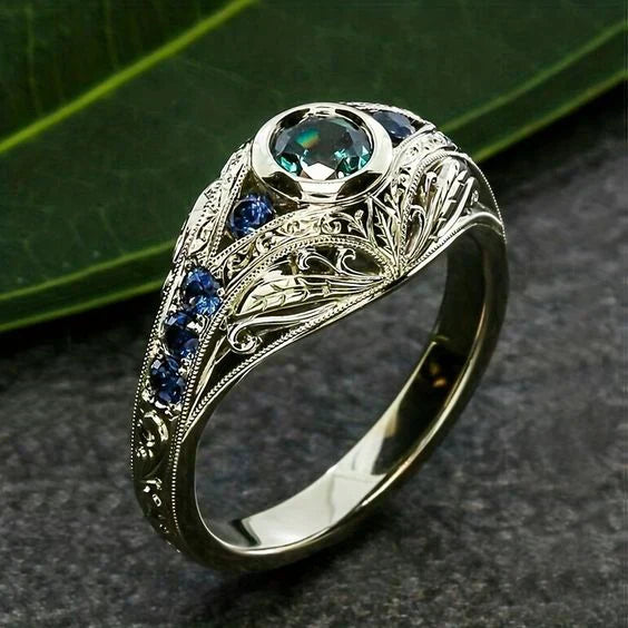 Retro Blue-Green Silver Shimmer Ring