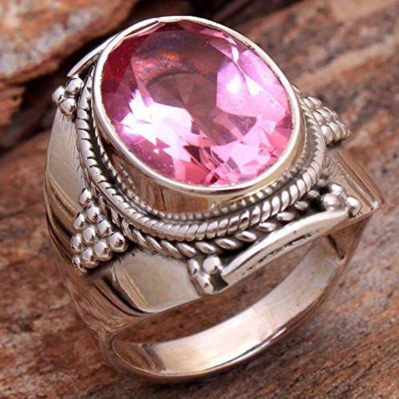 Antique-Inspired Pink Crystal Silver Ring