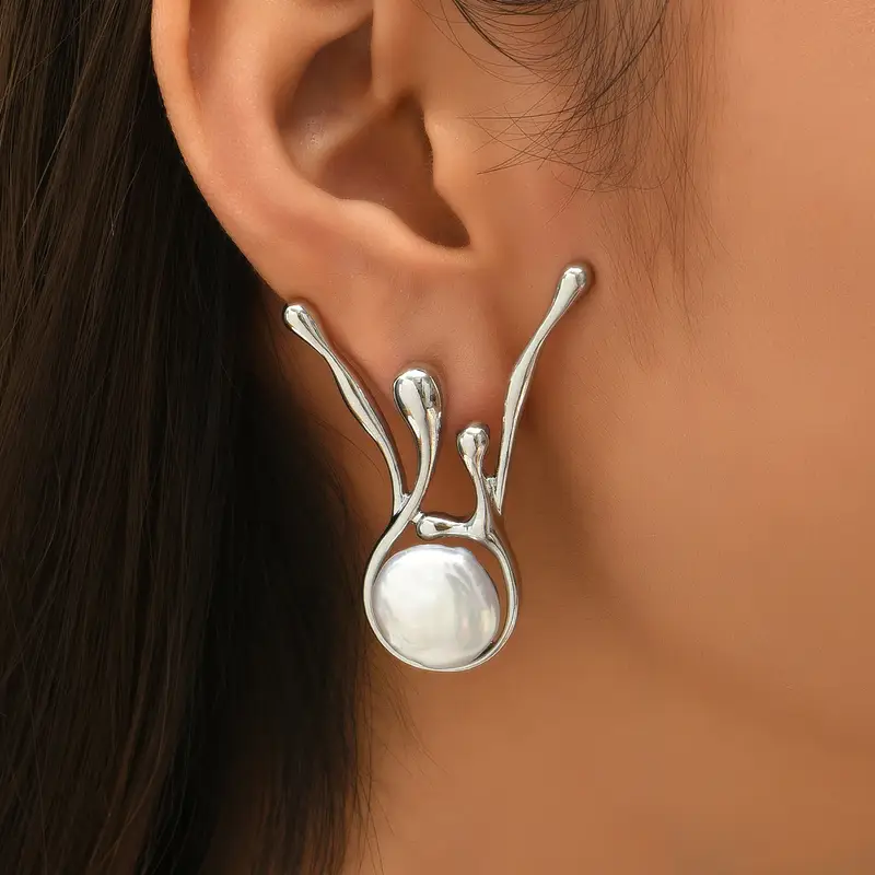 Retro Asymmetrical Silver Pearl Earrings