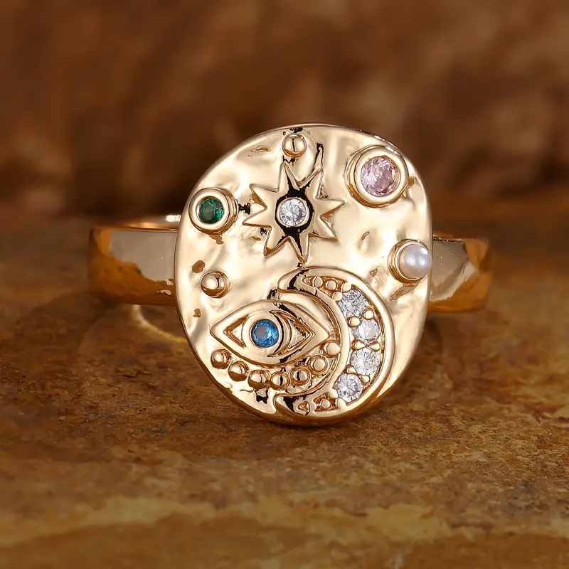 Retro Gold Ring with Sun and Moon Crystal Design