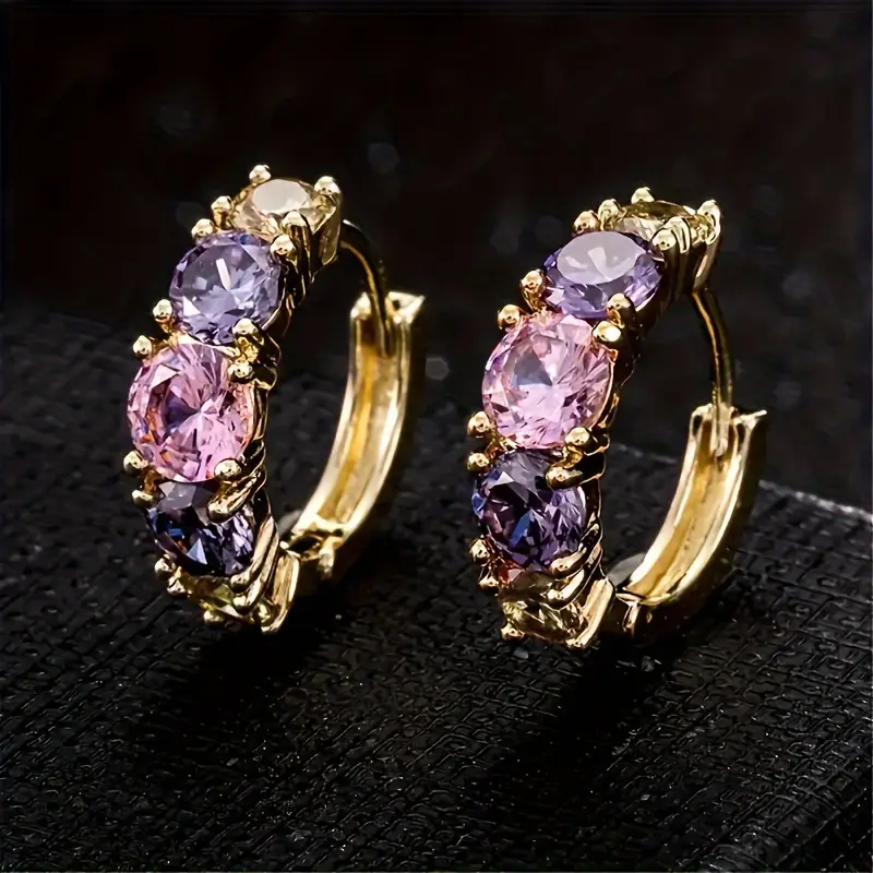 Gold Hoop Earrings with Purple Zirconia