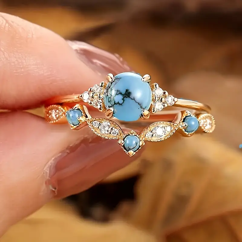 Gold Ring with Blue Opal and Zirconia Accents