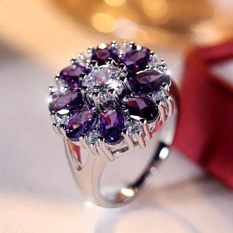 Retro Violet Daisy Silver Ring
