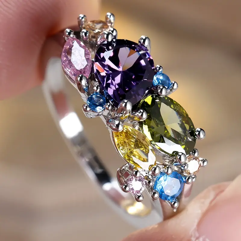 Retro Multicolored Crystal Silver Ring