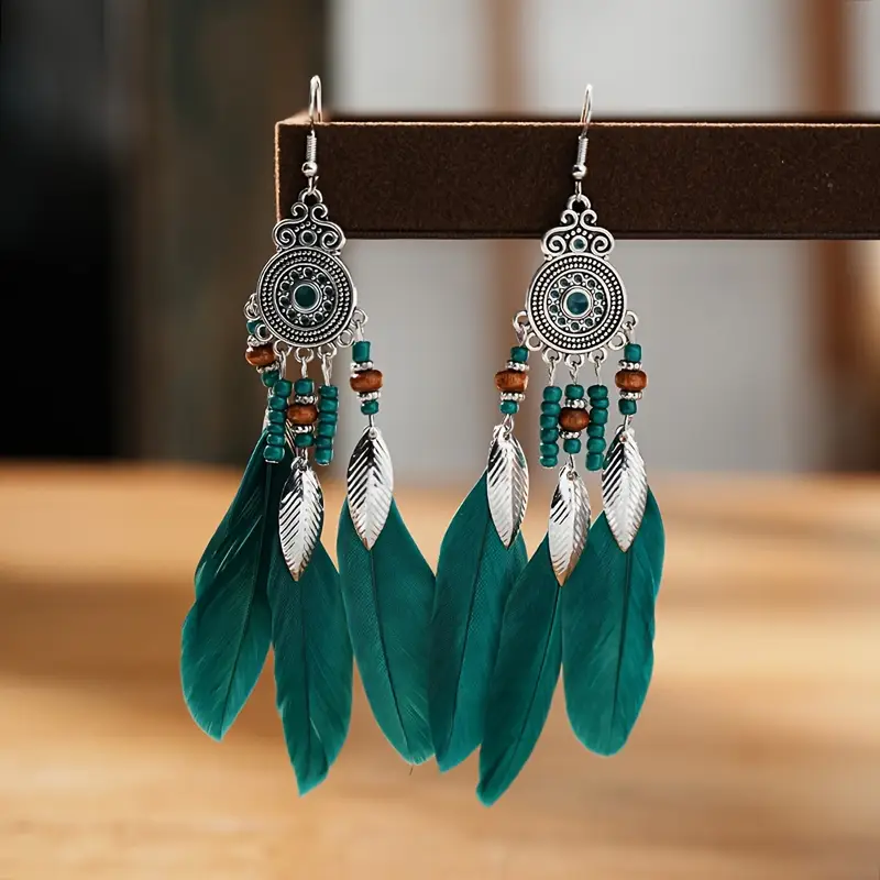 Emerald Feather Dangle Earrings