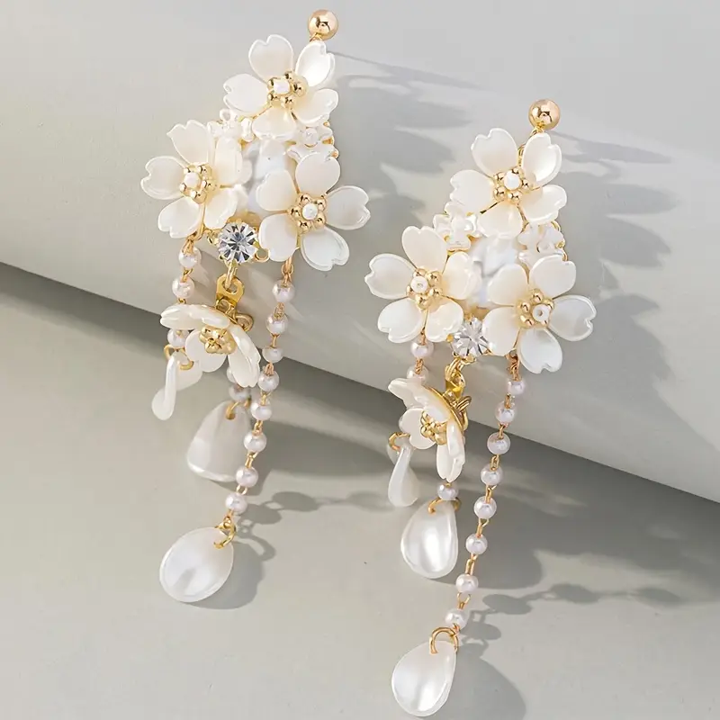 Elegant White Pearl Blossom Drop Earrings