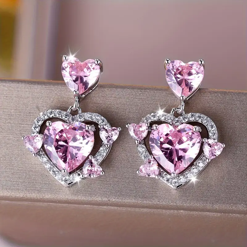 Silver Heart Earrings with Pink Zirconia