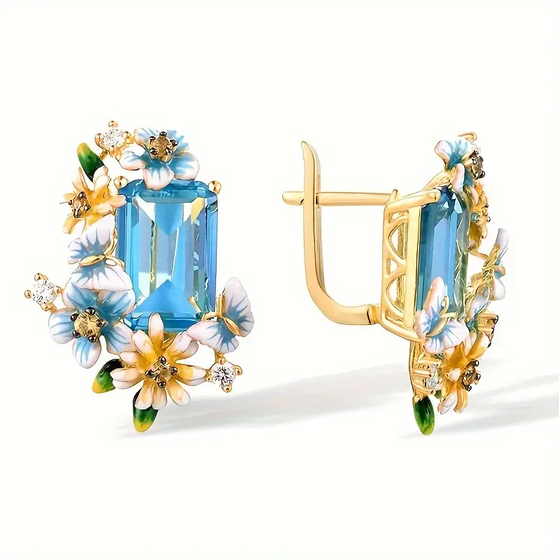 Gold Earrings with Blue Crystal Floral Design