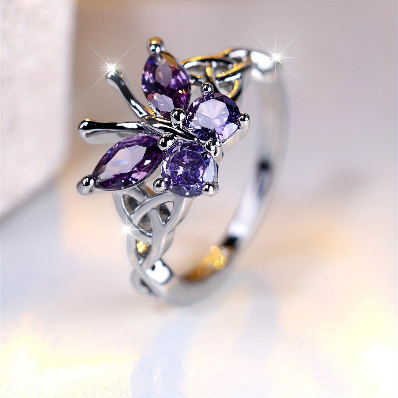 Silver Ring with Purple Butterfly Design