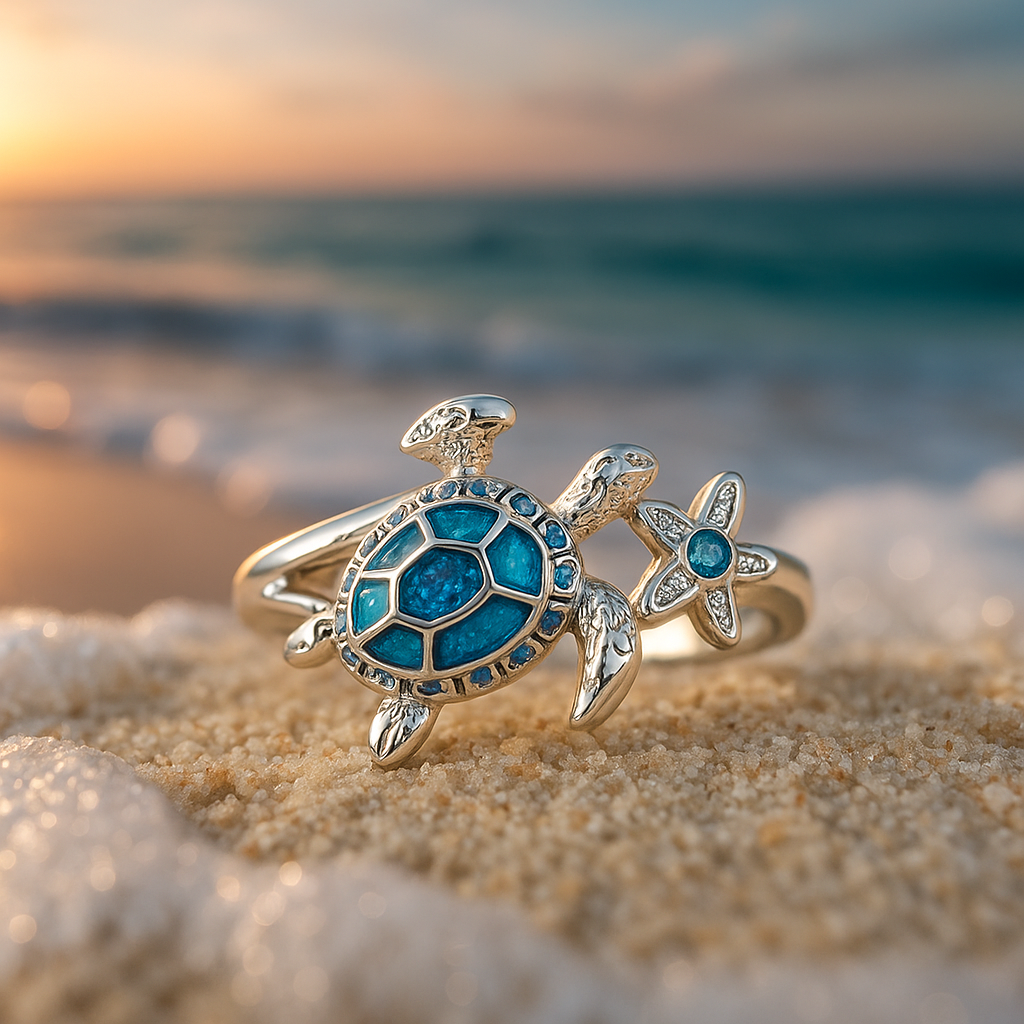 Silver Ring with Blue Opal Turtle Design