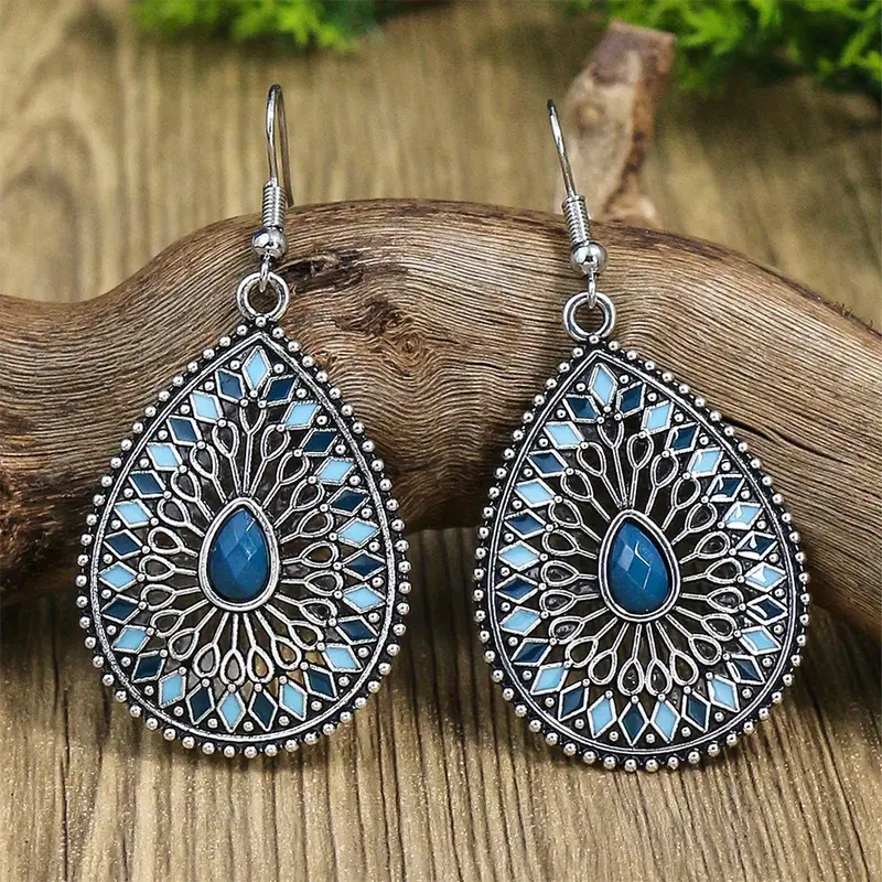 Retro Blue Mandala Drop Earrings