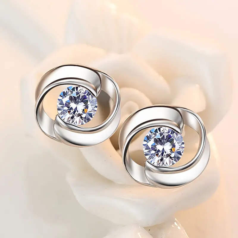 Retro Spiral Zirconia Silver Earrings