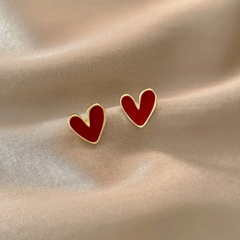 Classic Gold Earrings with Vintage Red Heart Design