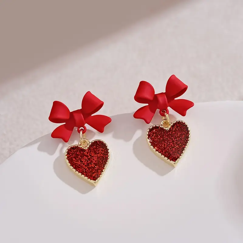 Retro Vibrant Red Heart Shaped Tie Earrings