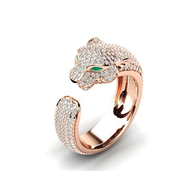 Adjustable Jaguar Ring in 18K Silver and Rose Gold Featuring Green Zirconia Eyes