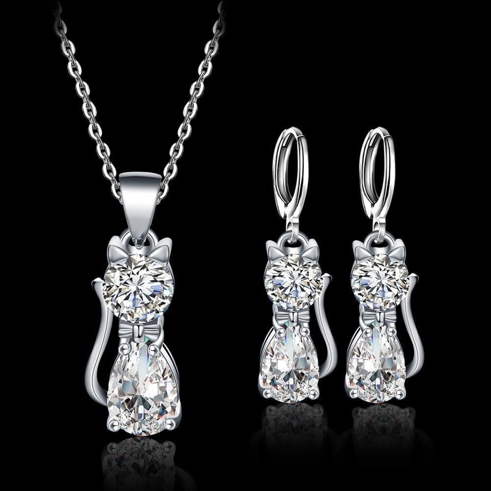 Sterling Silver Happy Cats Necklace and Earring Set with Polished White Zirconium