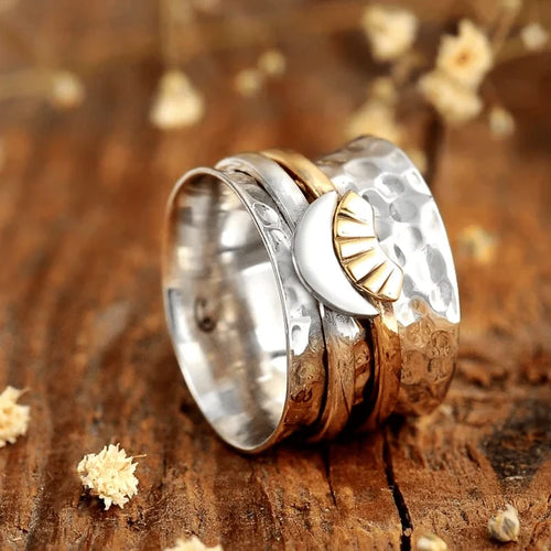 Celestial Spinner Ring: Sun and Moon Design
