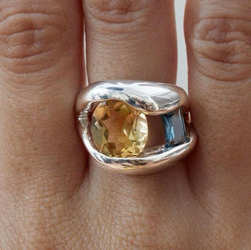 Antique Silver Crafted Orange Glass Ring