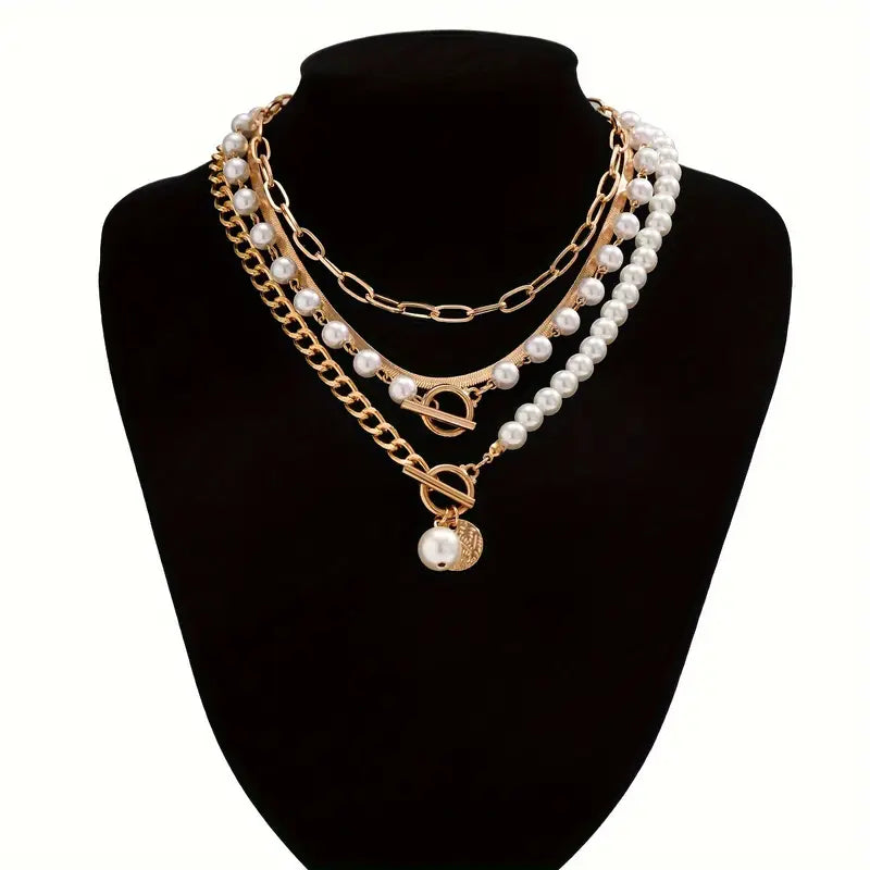 Classic Pearl and Gold Snake Chain Jewelry Set | Gold Tone